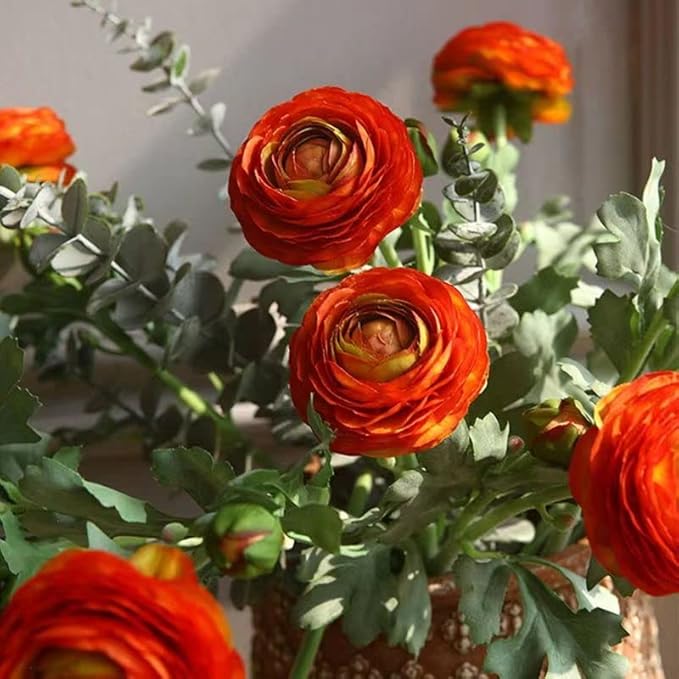 Orange Artificial Ranunculus Flowers with Real Touch Stem, Autumn Colour Ranunculus Flowers(10 Pack) (Orange)