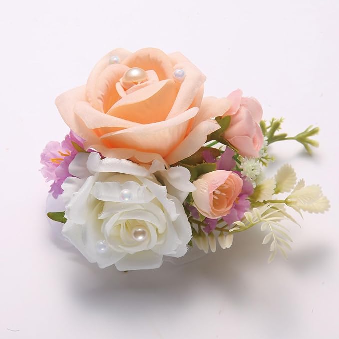 Champagne Rose Wrist Corsage, Pack of 2 PCS Wedding Bridal Wrist Flower Corsage Hand Flower Artificial Silk Rose Decor for Prom Party Wedding (Champagne, 2pcs).