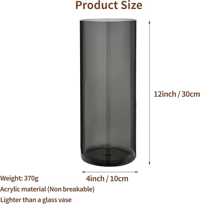 Flower Vase, Non-breakable Vases, 4" W x 12" H, Acrylic Grey Vase, Aesthetic Room Decor Cylindrical Modern Flower Vases for Table Centerpiece, Home Decor, Women Floral Arrangement Gift