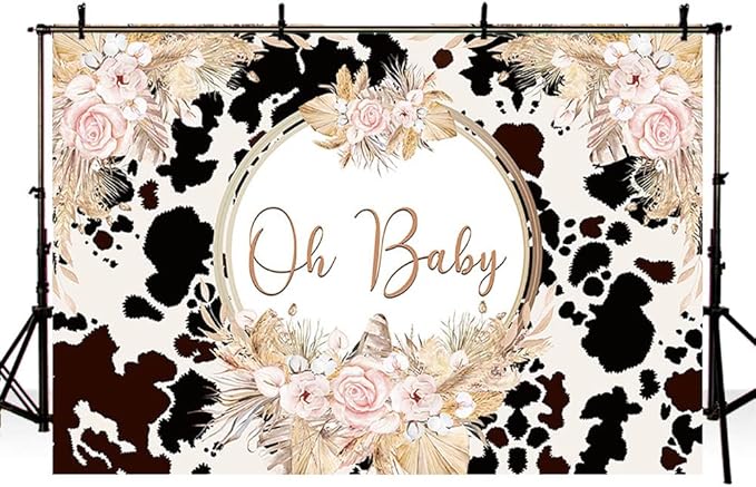 7x5ft Boho Holy Cow Baby Shower Backdrop Oh Baby Black and White Cow Print Bohemia Pink Floral Pampas Grass Photography Background Farm Theme Party Decoration Banner Supplies Photo Studio Props