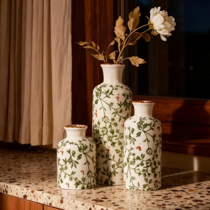 Green Chinoiserie Ceramic Vase Set of 3 – Vintage Green Floral Vases, Decorative Porcelain Vase Set for Flowers, Rustic Farmhouse & Cottage Core Home Decor, Living Room, Shelf & Table Centerpieces