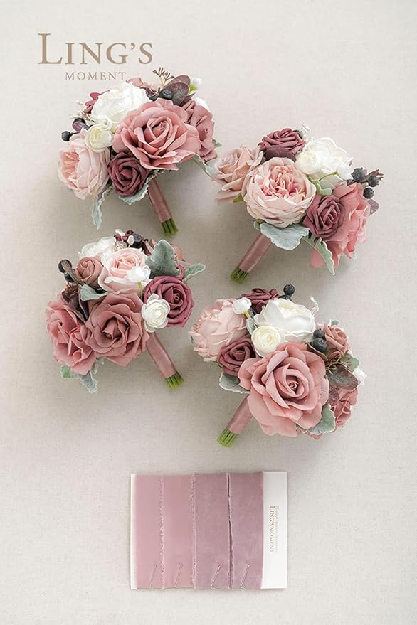 Ling's moment Artificial Flowers Pink Bridesmaid Bouquet Set of 4, Dusty Rose Wedding Flowers Bouquets for Bridesmaids, 7 Inch Bridal Bouquets for Bridesmaids, Wedding Decor, Ceremony, etc
