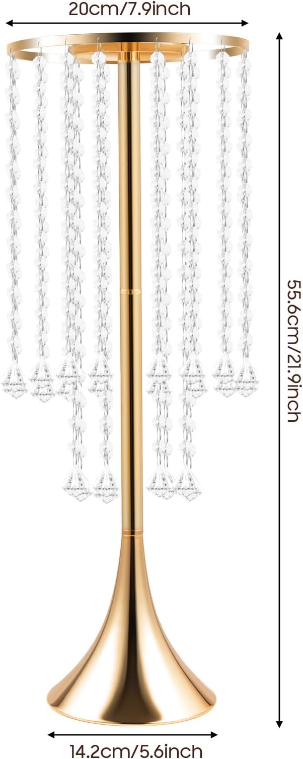 10 Pack 21.9"/55.6cm Tall Crystal Beaded Flower Stands, Metal Wedding Centerpiece Vases for Table/Aisle Decor - Reusable Event Centerpieces for Home, Party, Hotel (Gold)