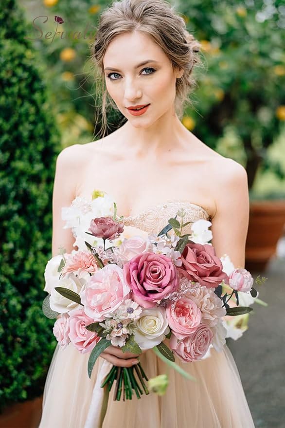 Serwalin Artificial Pink Flowers Spring Roses Silk Fake Flowers for DIY Wedding Bridal Bouquets Cake Flower Baby Shower Table Centerpieces Arrangements Decoration