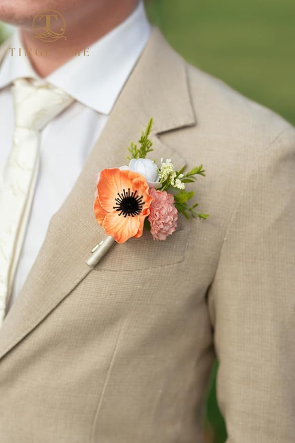 TINGE TIME Boutonniere for Men Wedding,Groom and Best Man Boutonniere for Wedding Ceremony Anniversary, Formal Dinner Party and Rustic Spring Wedding Marriage (10, CoralPink&Champagne)