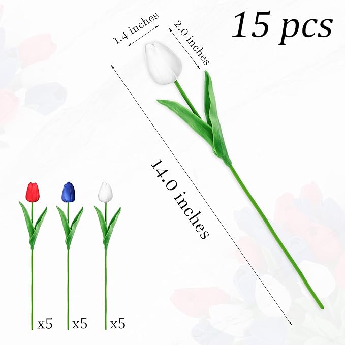 SITUMEIZI 15pcs 4th of July Flowers Tulips Fake Artificial Flowers Silk 14" Patriotc Flower for Independence Day Home Decor Kitchen Floral Arrangements Table Centerpieces(Mix,3)