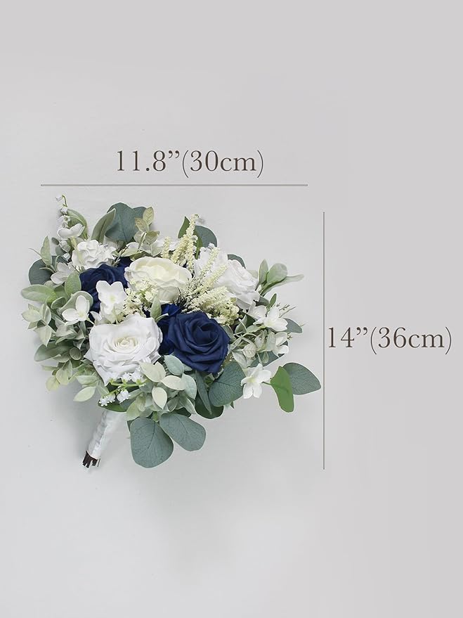 Rinlong 11.8" Wide Navy Blue Wedding Bouquets for Bride Blue White Bridal Bouquet for Wedding Artificial Flowers Bouquets
