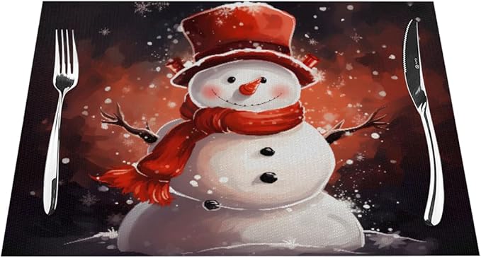 PVC Placemats Set of 4 Wipeable Table Mats Washable Heat Resistant Non Slip Vinyl Dining Table Mat for Kitchen Indoor Outdoor Patio Farmhouse Place Mats Christmas Snowman Red Decorative
