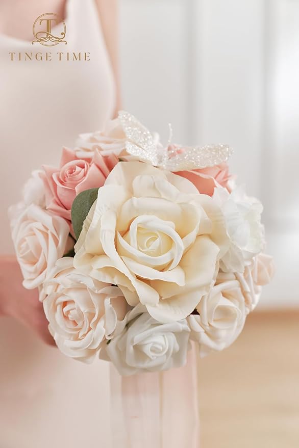 TINGE TIME Bridesmaid Bouquets for Wedding Set of 4 7 Inch Champange & Pink Wedding Bouquets Artificial Silk Flowers Bridal Bouquets for Bridesmaids, Wedding Decor, Anniversary, Party