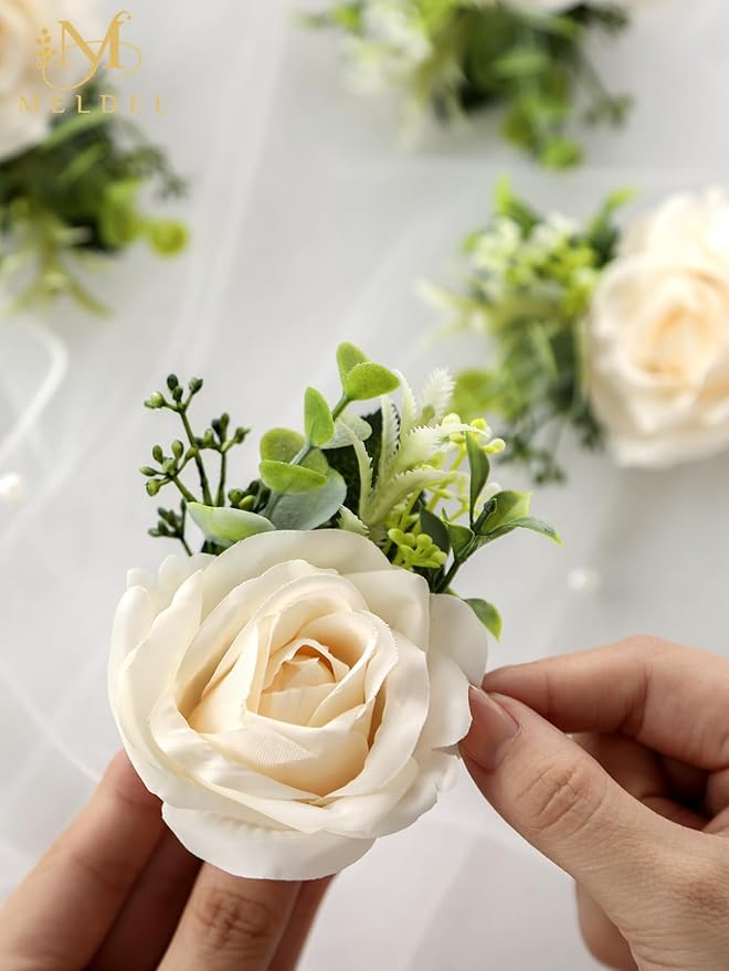 Meldel Wrist Corsage and Boutonniere Set for Wedding, Set of 2, Rose Wrist Flower Wristlet Bracelet for Bride Bridesmaid, Groom Best Man Boutonniere Wedding Flowers Accessories Prom Ceremony Party