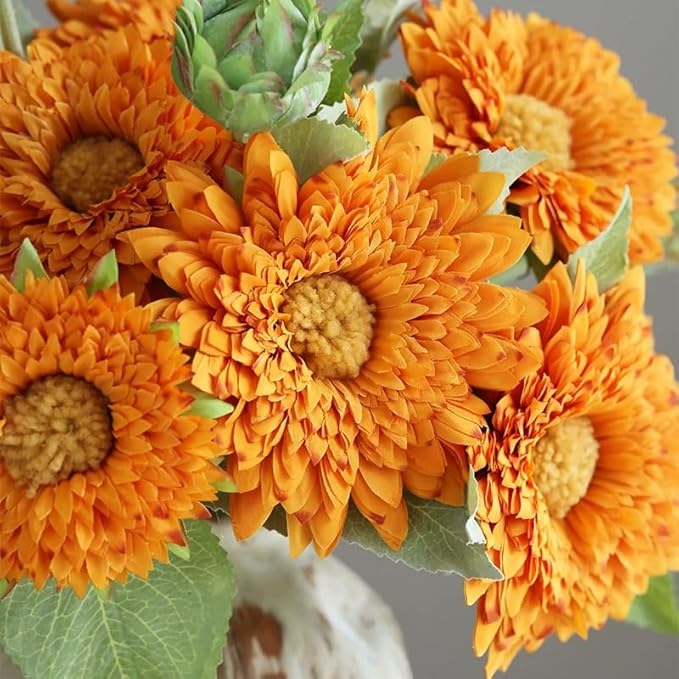 Kimura's Cabin 5Pcs Fake Sunflowers Flowers Long Stems Faux Sunflower Flowers Artificial Silk Bouquet for Wedding Autumn Home Garden Birthday Party Kitchen Table Decor (Orange Yellow)