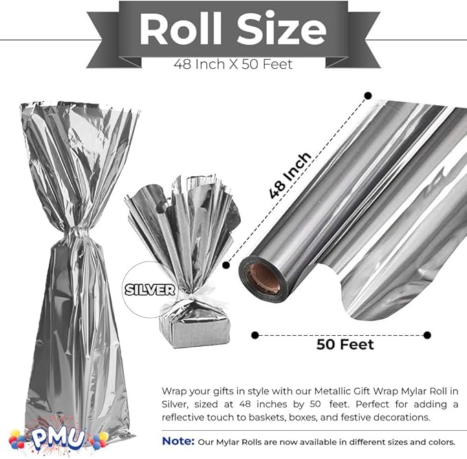 PMU Gift Wrap Mylar Roll Metallic Silver 2-Sided, 48 Inches X 50 Ft Roll 1.4 Mil Highly Reflective Mylar Film, Great for Gifts, Birthdays, Christmas, Baskets, Arts & Crafts