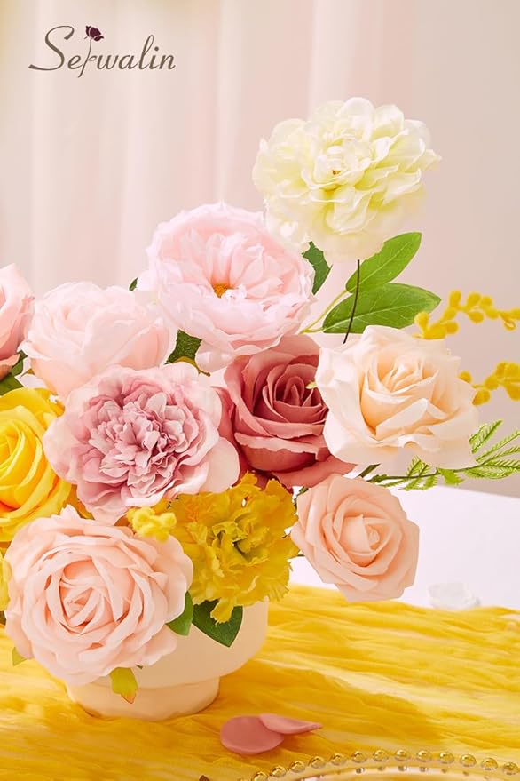 Serwalin Artificial Flowers,Pink Yellow Silk Fake Flowers Box for DIY Wedding Bridal Bouquet, Wedding Cake Flowers for Table Centerpieces Birthday Party Bridal Shower Home Decorations