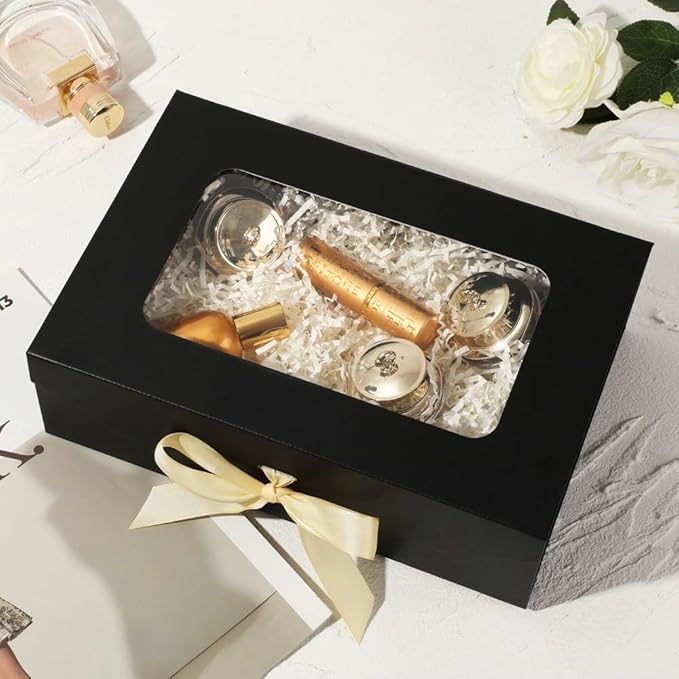 5 Pcs Black Gift Box for Presents with Ribbon 10.8x7.5x3.5 Inches Clear Gift Box with Window Magnetic Closure Gift Boxes with Lids