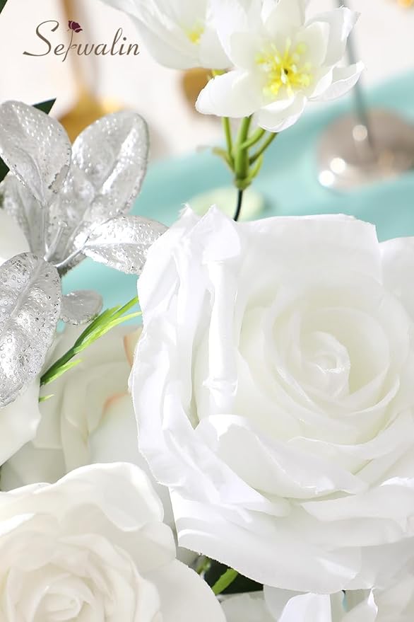 Serwalin White Artificial Flowers, Fake Silk White Flowers for DIY Wedding Bouquets, Wedding Cake Flowers for Table Centerpieces Baby Shower Birthday Party Home Decorations