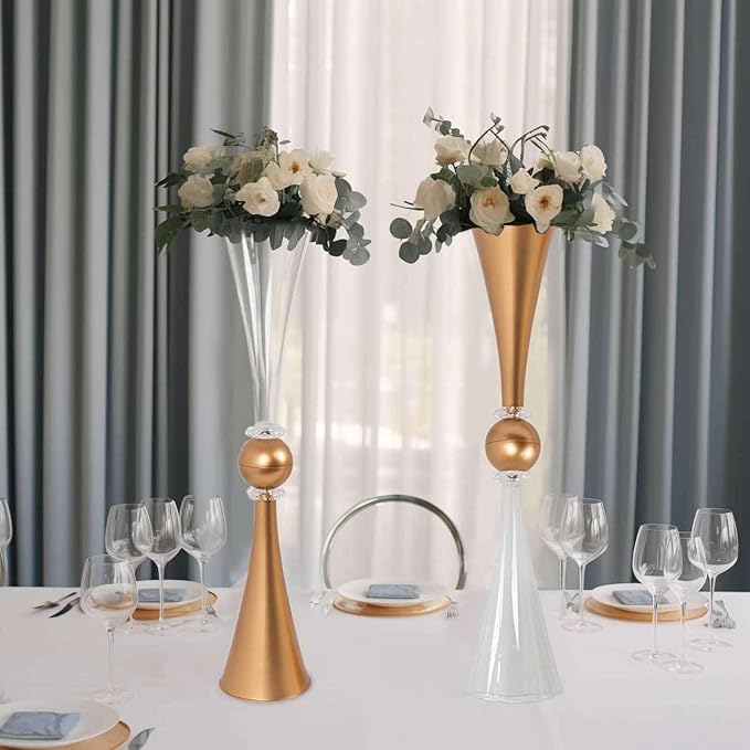 Efavormart 2 Pack Clear Gold Crystal Embellishment Trumpet Table Centerpiece, Reversible Plastic Flower Vase - 27"