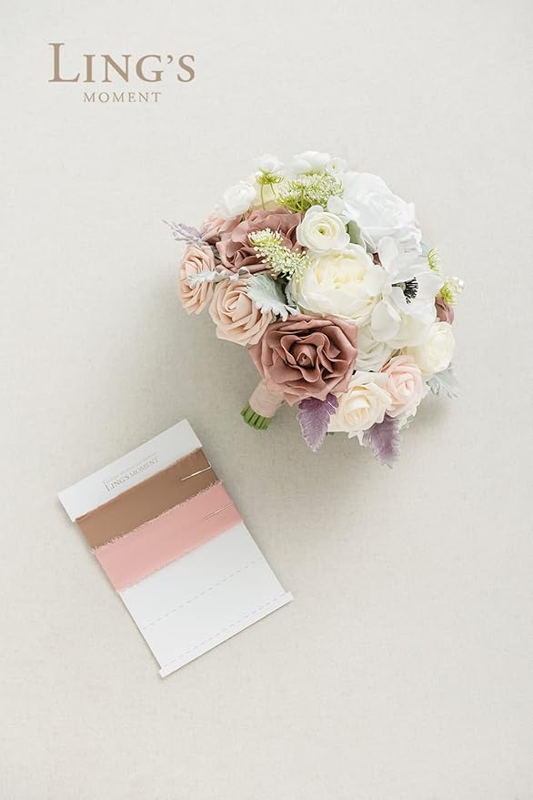 Ling's moment Dusty Rose Bridal Bouquet for Bride, Blush Pink Wedding Bouquets for Bride, 13 Inch Silk Round Artificial Wedding Flowers Bouquets