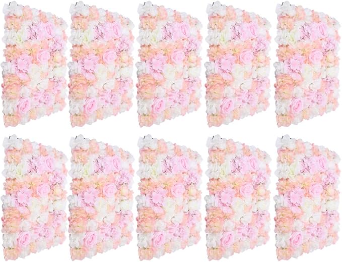 Flower Wall Panel Floral Backdrop,10Pack Champagne Flower Wall Decor,Silk Rose Wall, Artificial Flower Backdrop Faux Flower Panel for Wedding (10PCS PINK1)