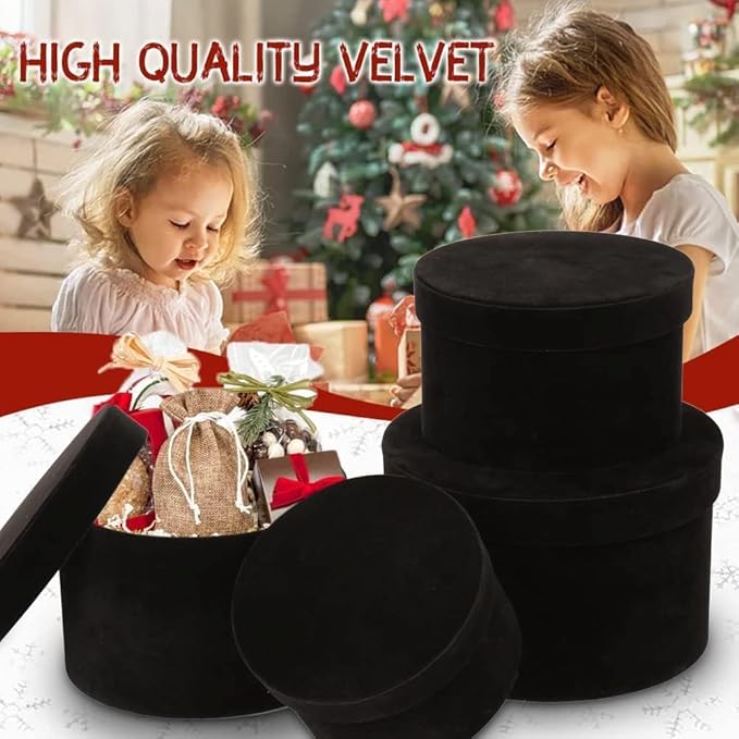 GnFlus Black Gift Boxes with Lids for Presents Set of 4 Round Velvet Nesting Gifts Box for Arrangements Flowers Wedding Birthday Mothers Valentines Day Bridesmaid Christmas Party Anniversary