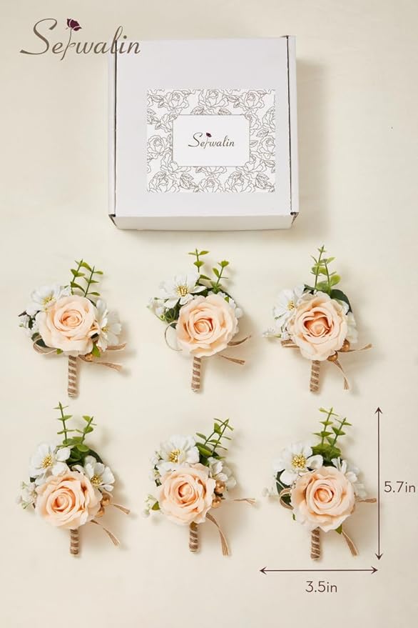 Serwalin 6PCS Champagne Rose Boutonniere for Men Wedding Groom Groomsmen Best Man Boutonniere for Wedding Ceremony Anniversary Prom Flowers Formal Dinner Party