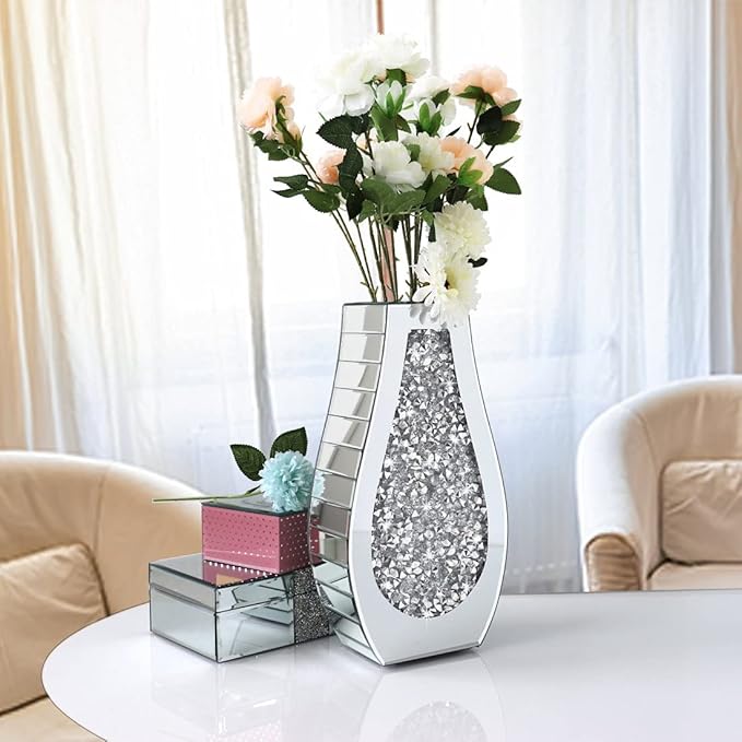 Flower Vase Crushed Diamond Mirrored Vase Crystal Silver Glass Decorative Mirror Vase Large Size Luxury for Home Decor. Arc-Shaped Thickened. Can’t Hold Water.
