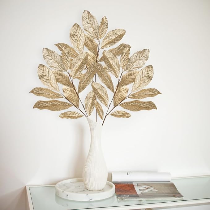 Champagne Christmas Glitter Magnolia Leaves Spray, 31inch Christmas Tree Picks and Sprays, Artificial Glitter Stem Ornaments for Christmas Tree Garland Wreath Centerpiece, 3PCS
