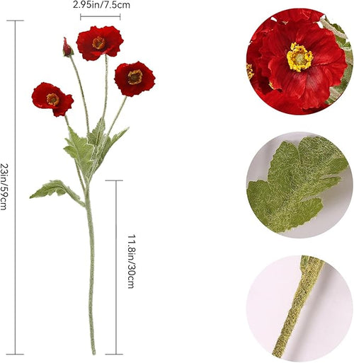 12PCS Red Poppy Flowers Artificial 23" Real Touch Stems Faux Poppies Silk Flowers for Home Decor Indoor (Red)