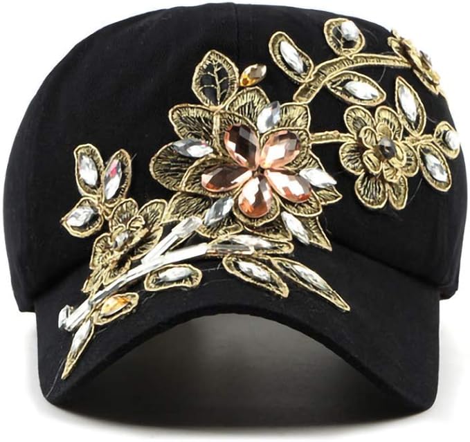 Gudessly Bling Women Baseball Cap Flower Snapback Rhinestone Sun Hats Adjustable Denim Jeans Hat