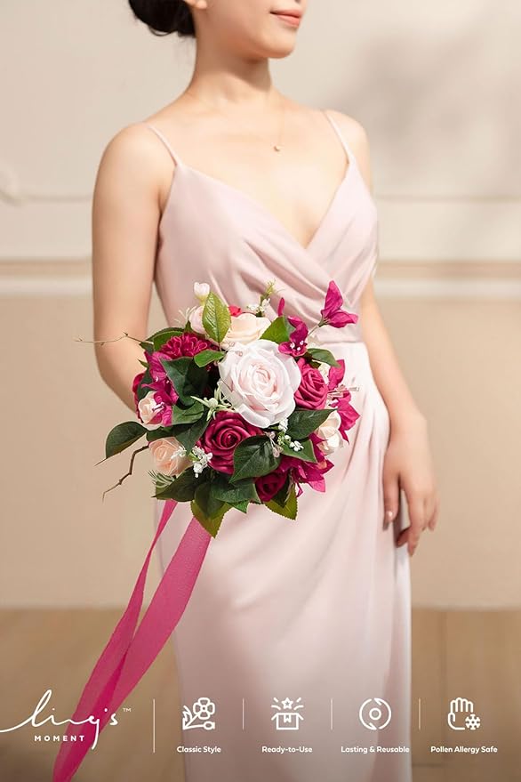 Ling's moment Blush Pink Bridesmaid Bouquet Set of 4, Pink Wedding Bouquets for Bridesmaids, 7 Inch Bridal Bouquets for Bridesmaids, Wedding, Ceremony, Anniversary, etc.