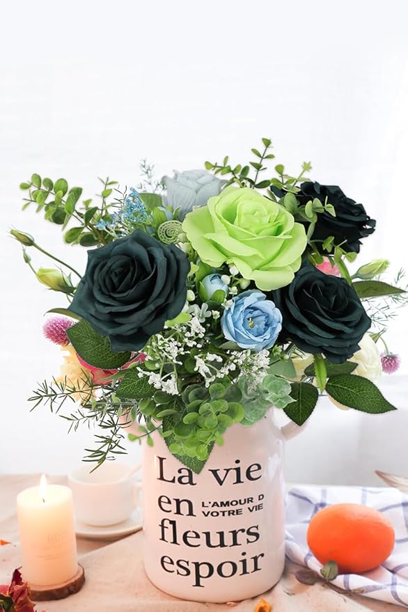 12pcs Artificial Rose Flower Dark Green Rose Emerald Green Flower with Long Stem Silk Roses Bouquet for Wedding Bridal Shower Party Home Decoration