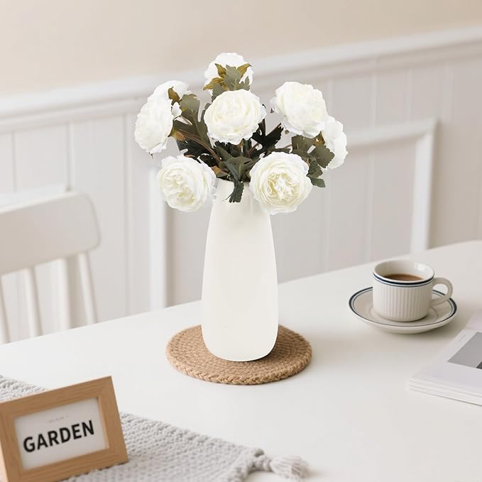 IPOPU 10pcs White Peonies Artificial Flowers Real Touch Silk Peonies with Stems Fake Peony for DIY Wedding Bouquets Bridal Shower Centerpieces Arrangements Party Tables Decorations