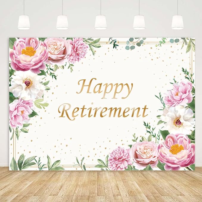 Happy Retirement Backdrop for Women Pink Rose Gold Dots Retirement Party Banner White Floral Greenery Leaves Decoration Lady's Retirement Party Decor Congrats Retire Photo Booth Props(7x5ft)