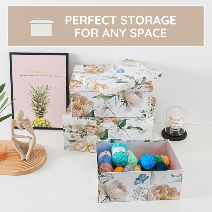 Soul & Lane Decorative Cardboard Storage Boxes with Lids for Home Decor and Organization, Set of 3 Large Keepsake Boxes for Memories & Gifts, Nesting Floral Photo Storage Containers, Floral Revival