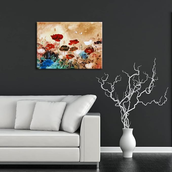 Wieco Art Giclee Canvas Prints Wall Art Blooming Poppies Modern Gallery Wrapped Grace Contemporary Flowers Artwork Colorful Floral Pictures Paintings Ready to Hang for Bathroom Home Decorations