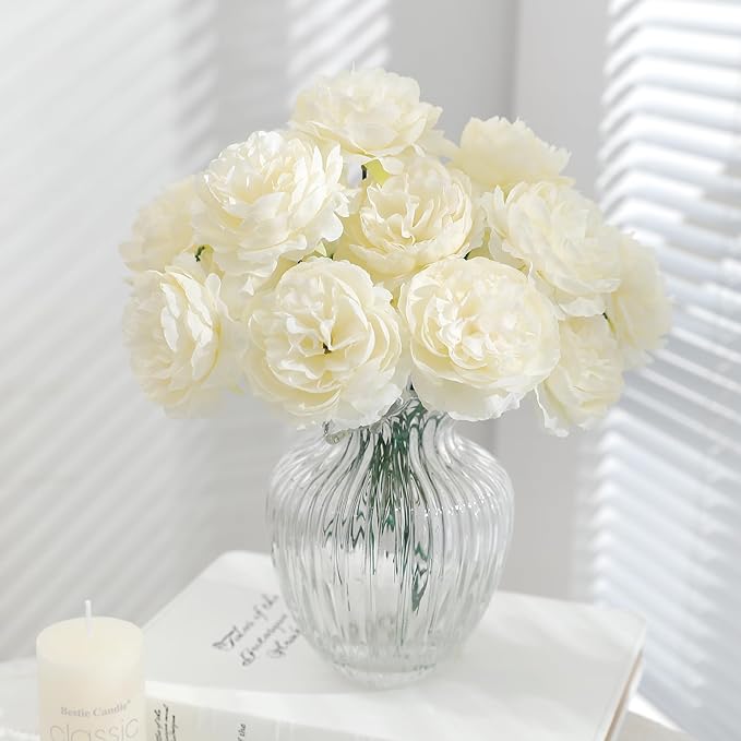 12 PCS Artificial Silk Ivory Peony Flowers with Stems - 8 Inch Fake Peony Bouquet for Wedding, Home Decor, Office Table, Festival Gifts