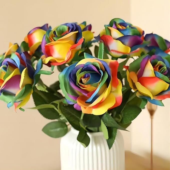 Laelfe 12 PCS Artificial Flowers Rainbow Roses Silk Flowers Fake Long Stem Artificial Colorful Roses for Christmas Home Wedding Bathroom Kitchen Decorations (Colorful)