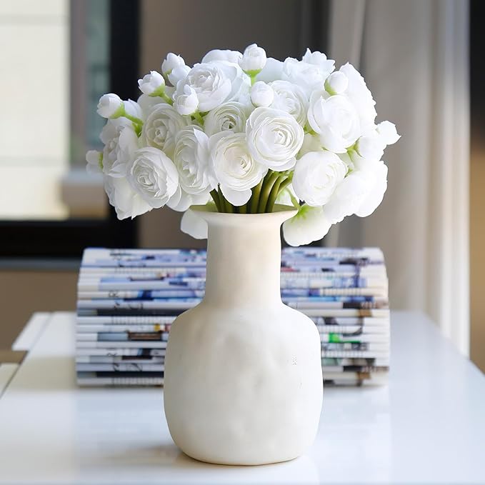 24 Pcs Ranunculus Artificial Flowers 10.5", Mini Faux Silk Ranunculus with Stem, Fake Flowers for Home Decor Indoor Wedding Bouquets Centerpieces (White)