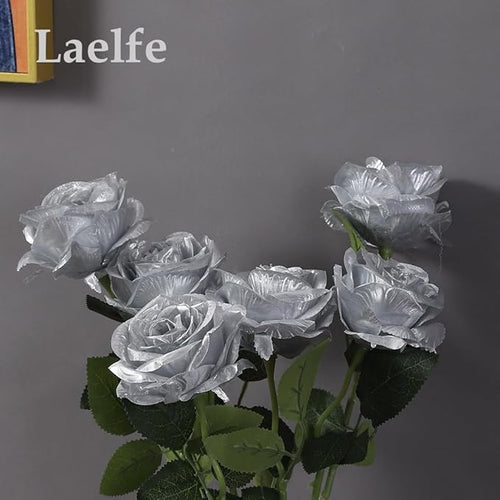 12 PCS Artificial Flowers Silver Roses, Silk Flowers Fake Long Stem Artificial Roses for Home Wedding Bathroom Kitchen Decorations (Silver)