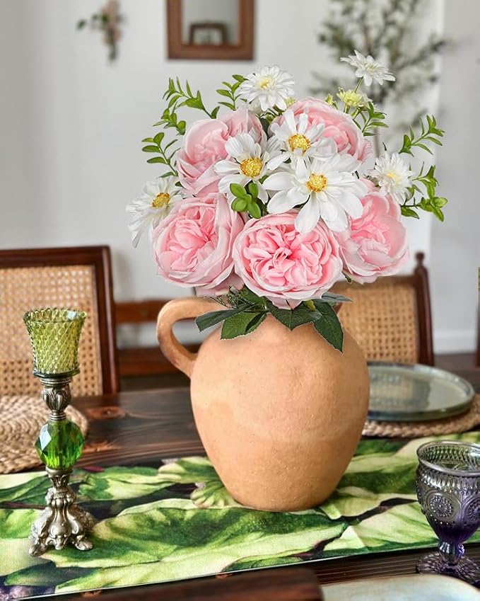 Peonies Artificial Flowers 9PCS Long Faux Pink Flowers Artificial Realistic Peony Daisies Silk Flower Arrangements 18.5" Fake Flowers for Vase Centerpiece Wedding Party Home Decor DIY Bridal Bouquet