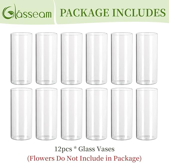 Glasseam Glass Cylinder Vases for Centerpieces, Clear Flower Vase Set of 12, Modern Floating Candle Vases Decor, Decorative Hurricane Pillar Candle Holders for Wedding Dining Table Decorations, 8in