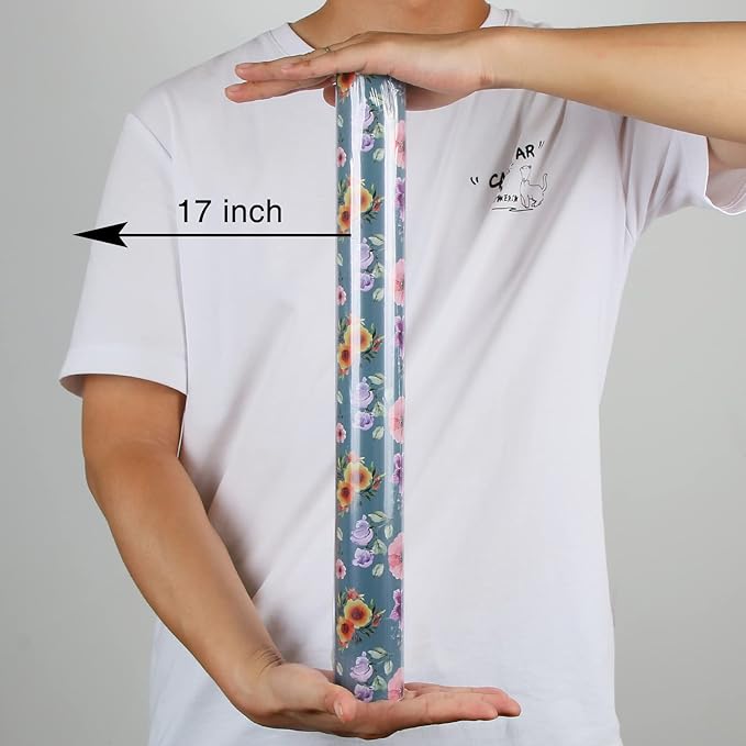 Aimyoo Blue Floral Wrapping Paper Jumbo Roll 17 in x 60 ft, All Accasion Pink Flower Gift Wrap for Wedding Birthday Bridal Shower