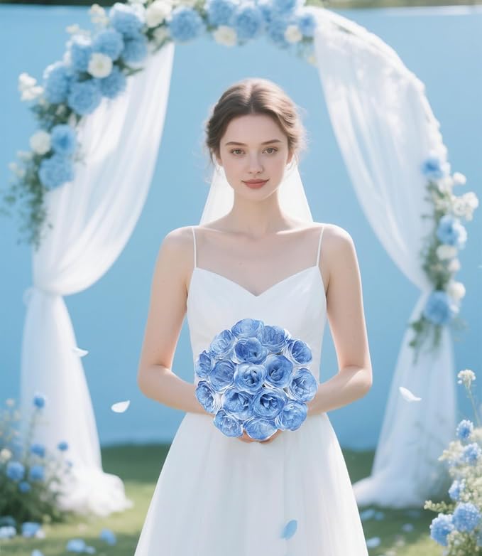 Blue Glitter Roses Bouquet,30PCS Fake Roses Artificial Flowers with Stems for Wedding Party Christmas Valentine's Day Home Decor (Gradient Dark Blue)