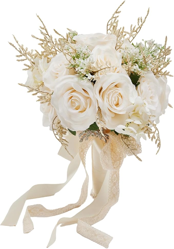 Meldel 8.66 Inch Wedding Bouquets for Birde Bridesmiads, Bridal Bouquet for Birde Wedding, White Champagne Artificial Roses Flowers Wedding Decoration