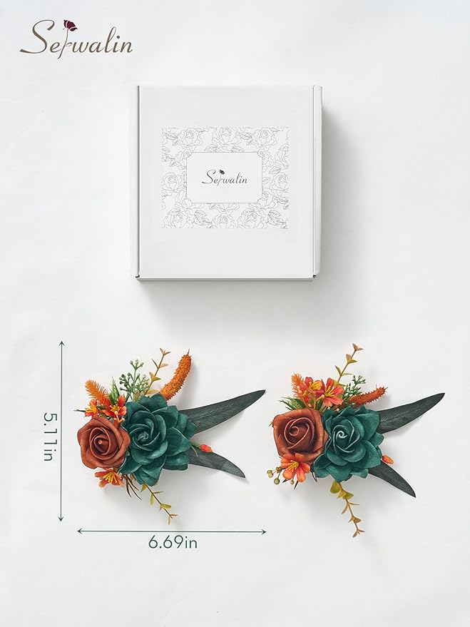 Serwalin Set of 2 Boutonniere for Men, 6-7inch Corsage Groom and Best Man Boutonnieres for Wedding Prom Ceremony Anniversary Party Cake Topper, Teal Orange