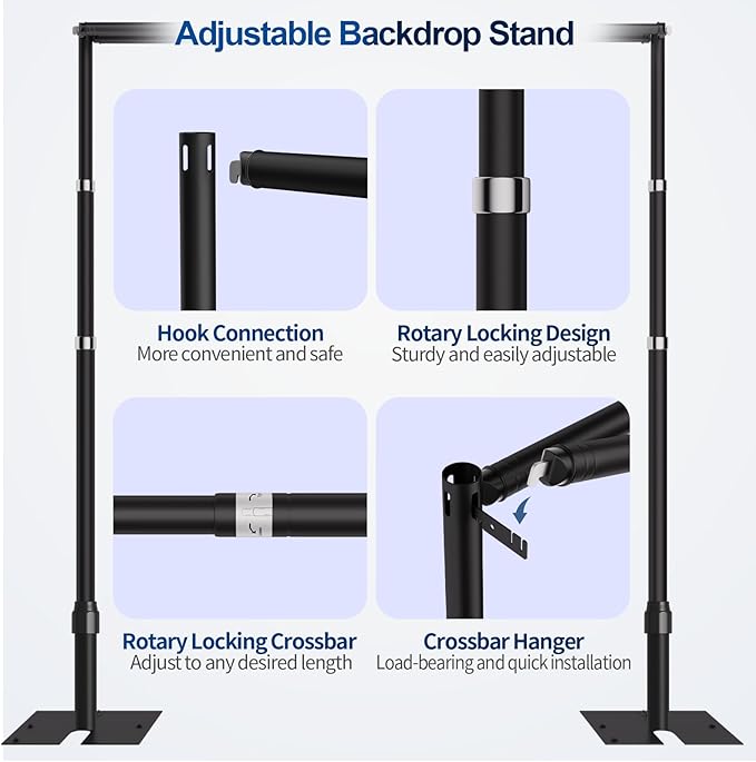 10x10ft Pipe and Drape Backdrop Stand, Double Crossbar, Heavy Duty Adjustable Background Frame with Metal Base for Parties Photography Wedding Photoshoot Decoration - Black