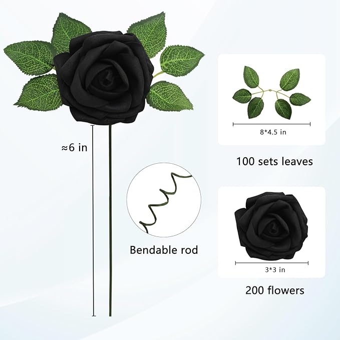 JOYLEX Artificial Flowers Realistic Roses, Real Looking Fake Roses with Stem for DIY Wedding Bouquets Centerpieces Bridal Shower Party Home Romantic Decorations (Black, Regular 3" - 200pcs)