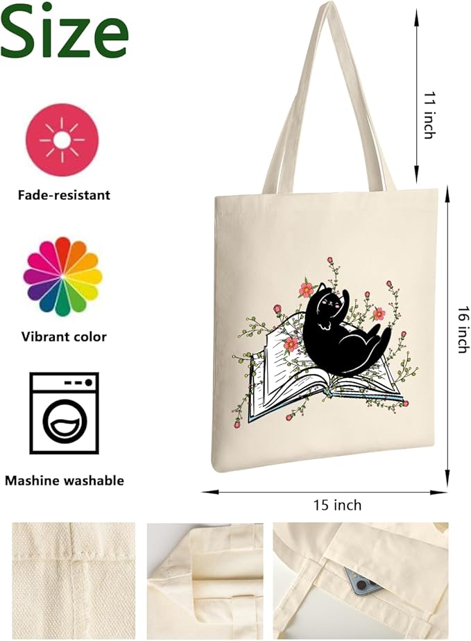 AUSVKAI Cute Book Canvas Tote Bag Aesthetic For Women Grocery Bag Cotton Beach Totes Gift-Black Cat Book