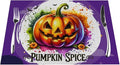 PVC Placemats Set of 1 Wipeable Table Mats Washable Heat Resistant Non Slip Vinyl Dining Table Mat for Kitchen Indoor Outdoor Patio Farmhouse Place Mats Funny Purple Halloween Pumpkin Decorative