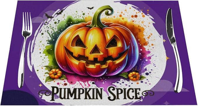 PVC Placemats Set of 4 Wipeable Table Mats Washable Heat Resistant Non Slip Vinyl Dining Table Mat for Kitchen Indoor Outdoor Patio Farmhouse Place Mats Funny Purple Halloween Pumpkin Decorative