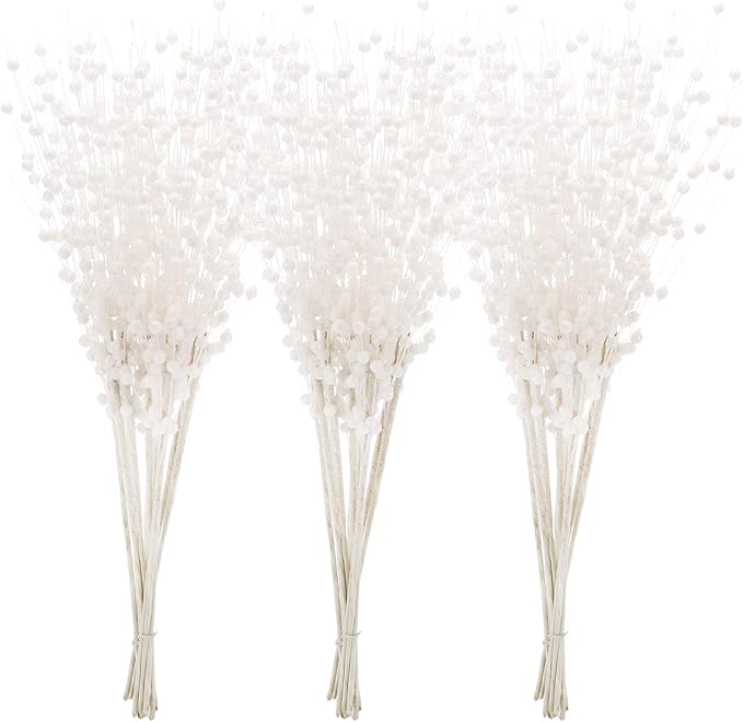 Sea Team 24-Pack Artificial Glitter Berry Stem Ornaments, Decorative Bead Sticks, Glittery Twigs, Picks, Branches for Christmas Tree, Small Vase, Holiday, Wedding, Party (17 Inches, White)